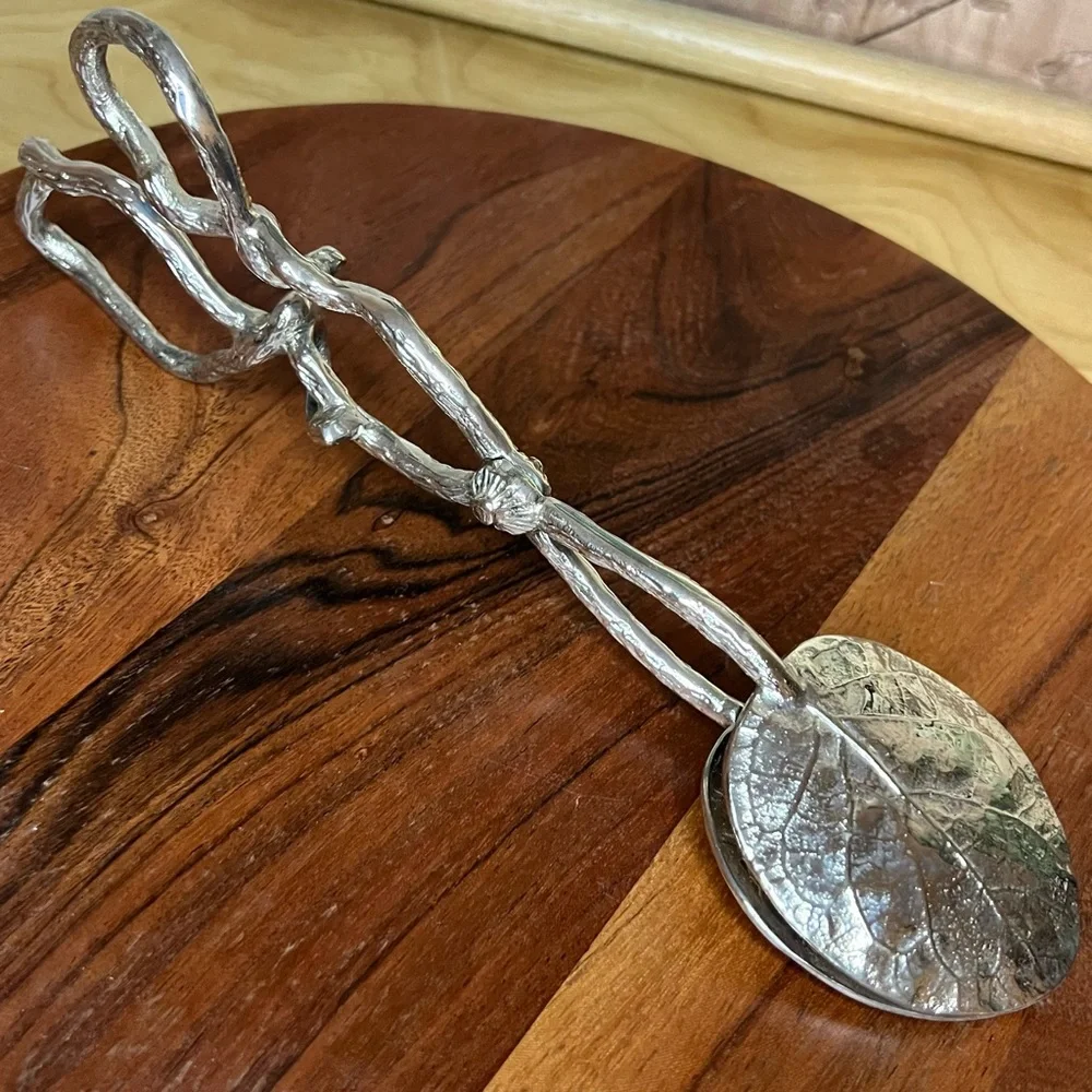 Botanical Leaf & Twig Silver Metal Scissor Tongs